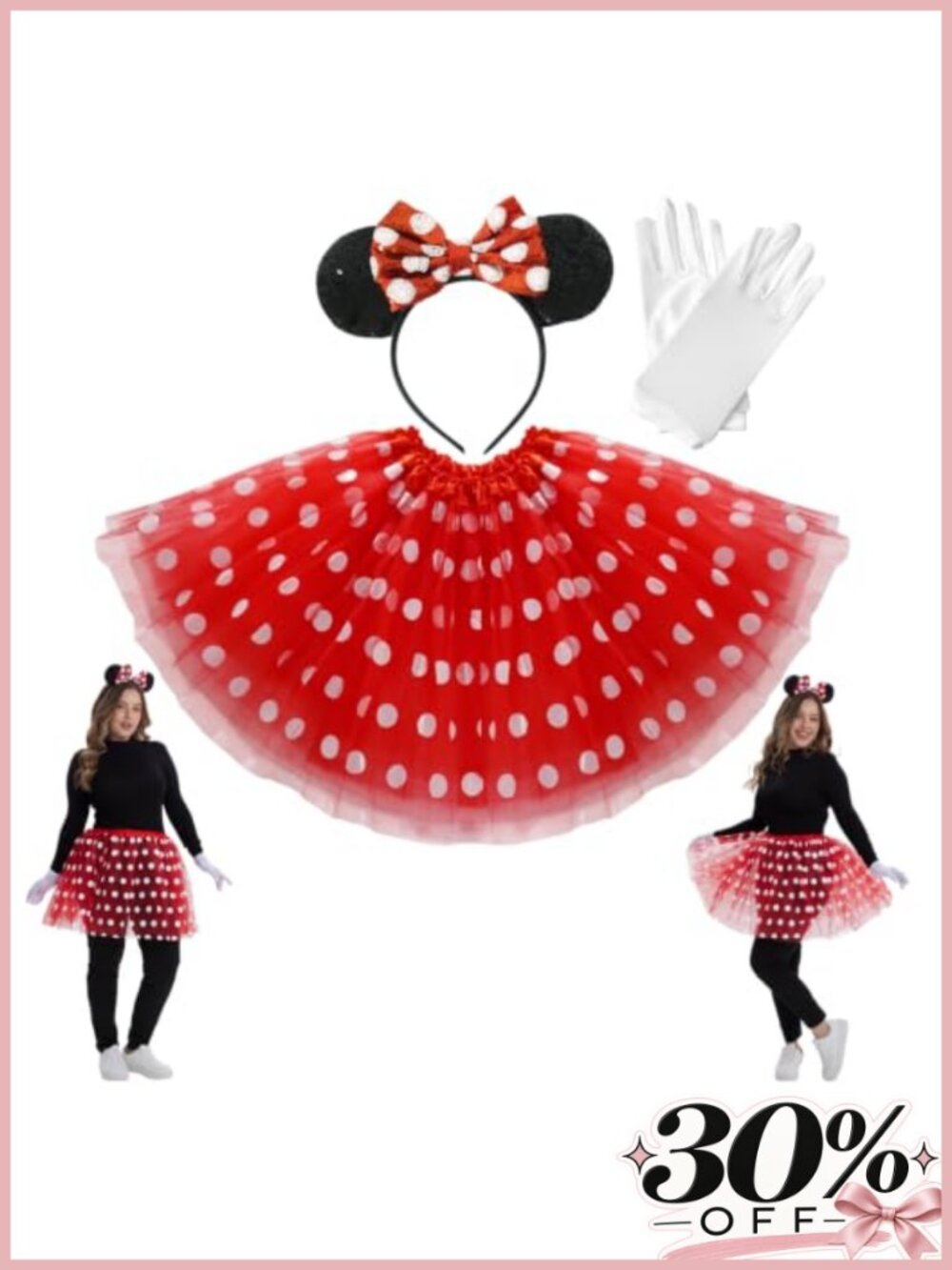 Women's Polka Dot Mouse Halloween Costume Tutu Set with Headband and Gloves